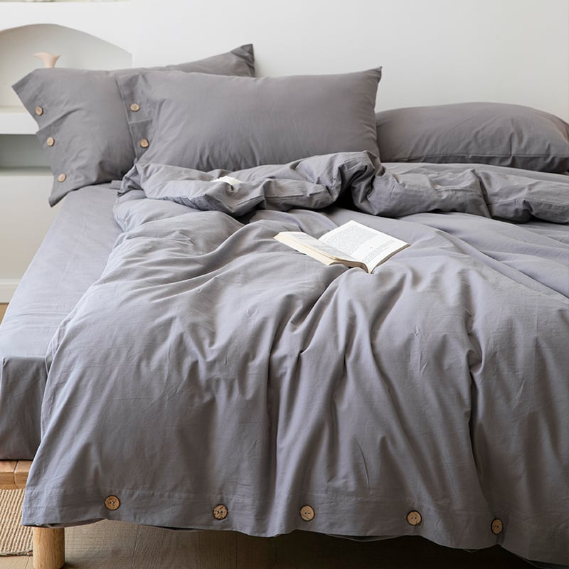 Japoniškas retro minimalistinis sagų stiliaus skalbtos grynos medvilnės keturių dalių komplektas, grynos spalvos, mažas, gaivus, paprastas bendrabučio stiliaus patalynės komplektas