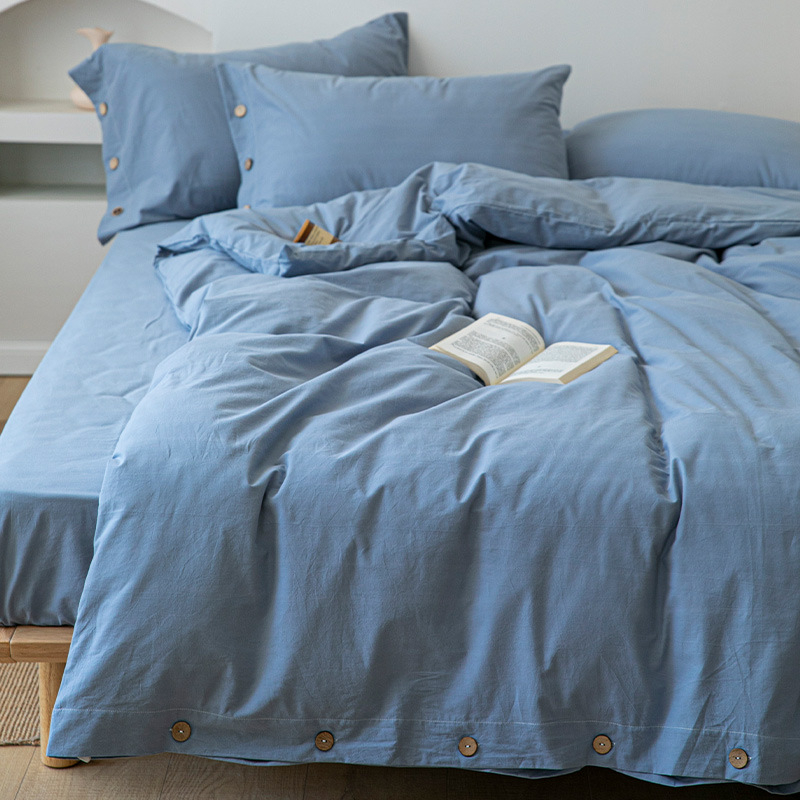 Japoniškas retro minimalistinis sagų stiliaus skalbtos grynos medvilnės keturių dalių komplektas, grynos spalvos, mažas, gaivus, paprastas bendrabučio stiliaus patalynės komplektas