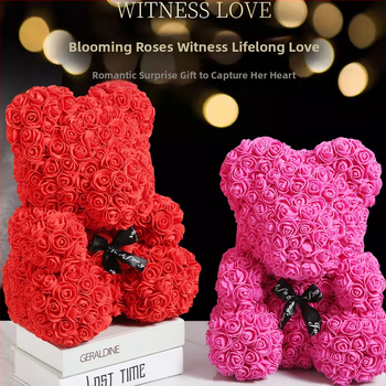 Rožinis lokys, konservuota gėlė, Valentino dienos imitacinė gėlių dovana, Pe lokio gimtadienio dovana, rožių burbulinė meška, užsienio prekyba, didmeninė prekyba