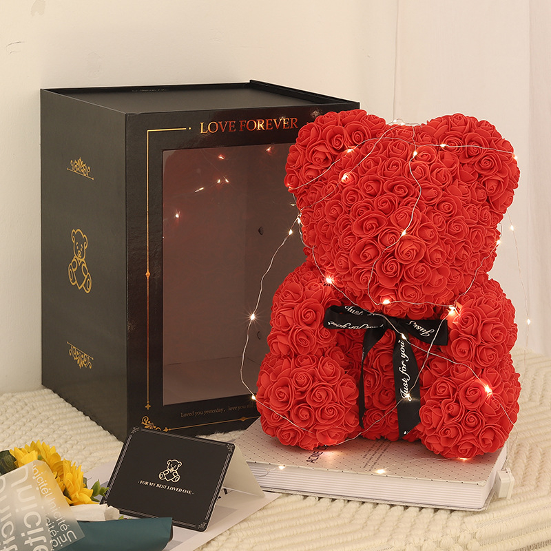 Rožinis lokys, konservuota gėlė, Valentino dienos imitacinė gėlių dovana, Pe lokio gimtadienio dovana, rožių burbulinė meška, užsienio prekyba, didmeninė prekyba