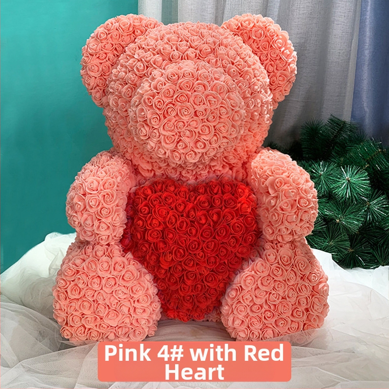 Rožinis lokys, konservuota gėlė, Valentino dienos imitacinė gėlių dovana, Pe lokio gimtadienio dovana, rožių burbulinė meška, užsienio prekyba, didmeninė prekyba