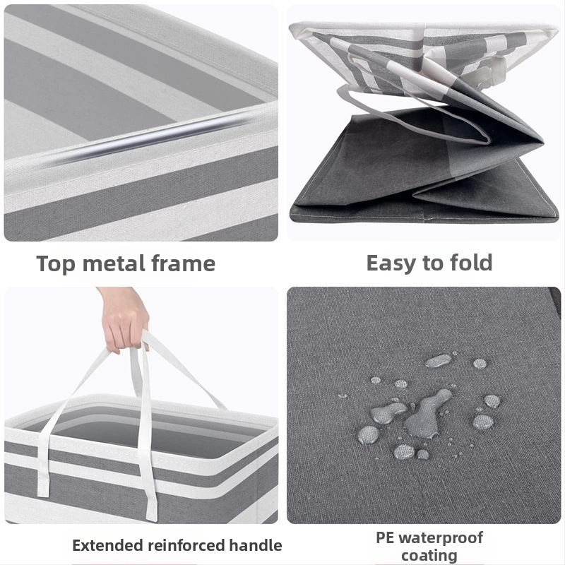 Чанта за съхранение TEMU, платнена кошница за играчки, сгъваема кошница за мръсни дрехи, раирана сгъваема кошница за пране