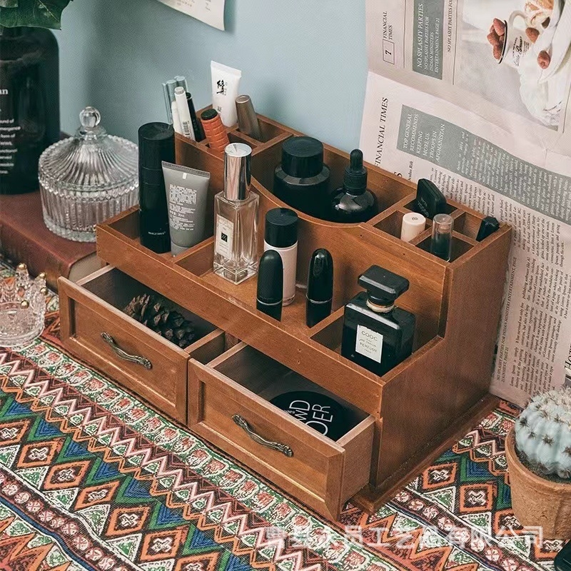 Medžio masyvo stalčiaus tipo medinė kosmetikos laikymo dėžutė, stalinis vintažinis laikymo dėžutė, lūpų dažų laikymo dėžutė, eterinio aliejaus kaukė, laikymo dėžutė