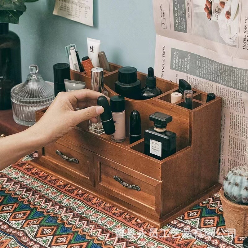 Medžio masyvo stalčiaus tipo medinė kosmetikos laikymo dėžutė, stalinis vintažinis laikymo dėžutė, lūpų dažų laikymo dėžutė, eterinio aliejaus kaukė, laikymo dėžutė