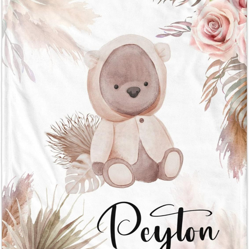 Personaalne nimega tekk armas koomiksiloomamustriga flanelltekk vastsündinu kingituseks, pehme ja mugav