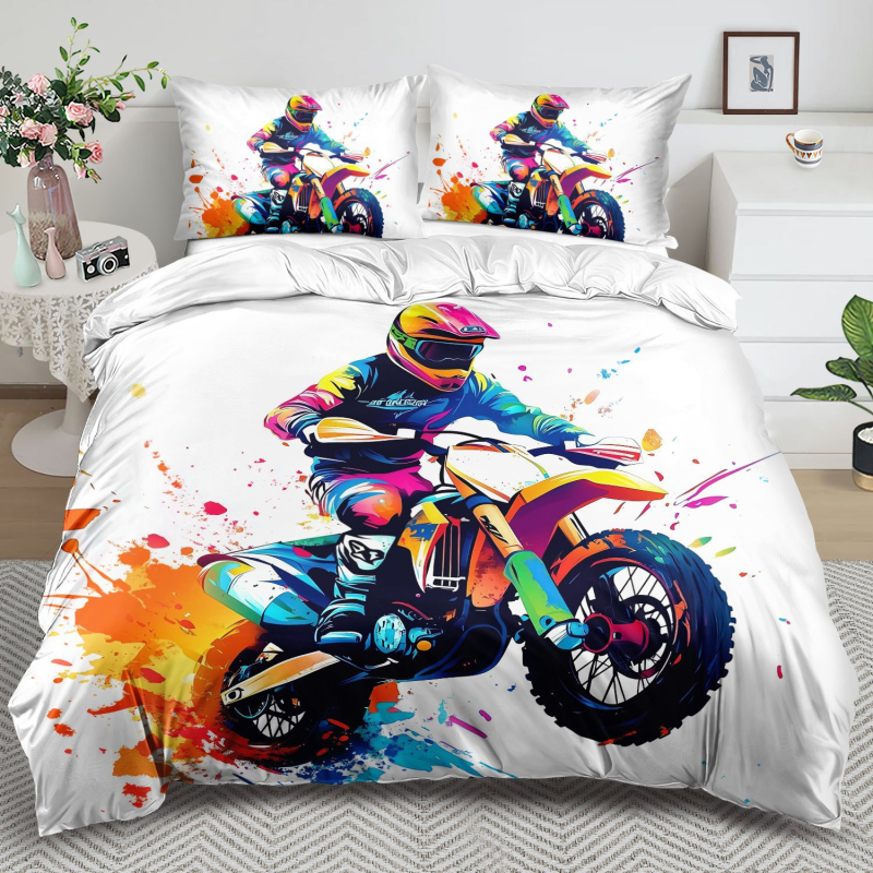 Ekstremalaus sporto tematikos spalvotas grafiti motociklo antklodės užvalkalas, minkštas patalynės komplektas, trijų dalių