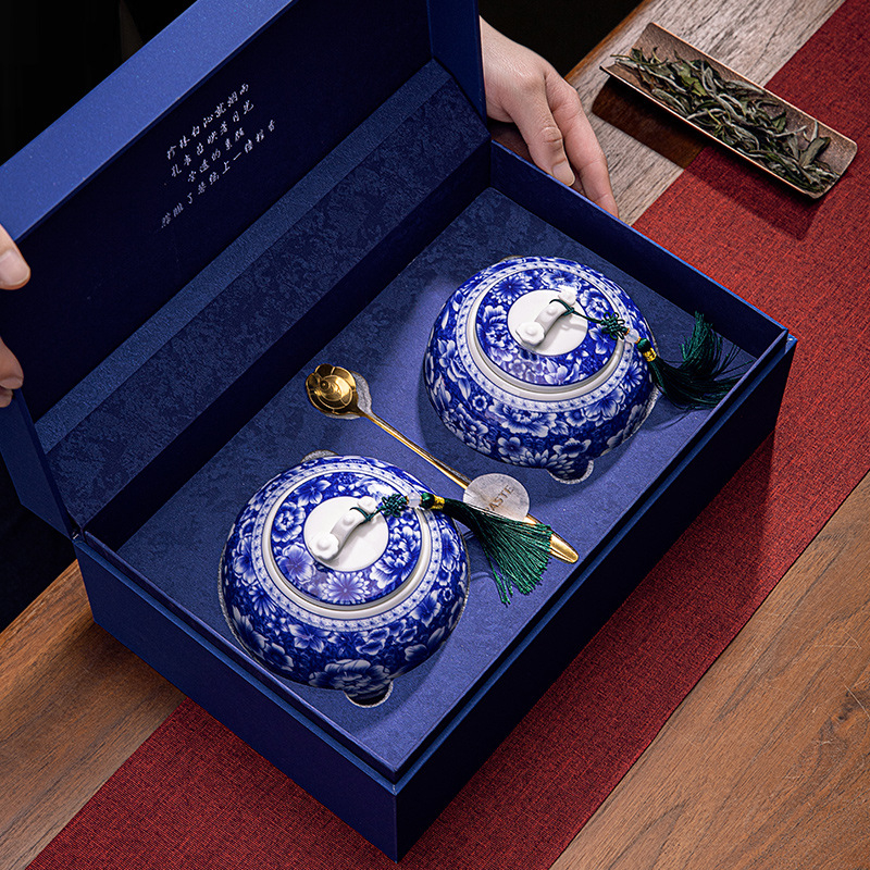 Kerámia teáskannák kínai stílusú Vintage Ruyi kék és fehér üvegek lezárt tárolóedények új dupla dobozos ajándékdobozok ajándékokhoz