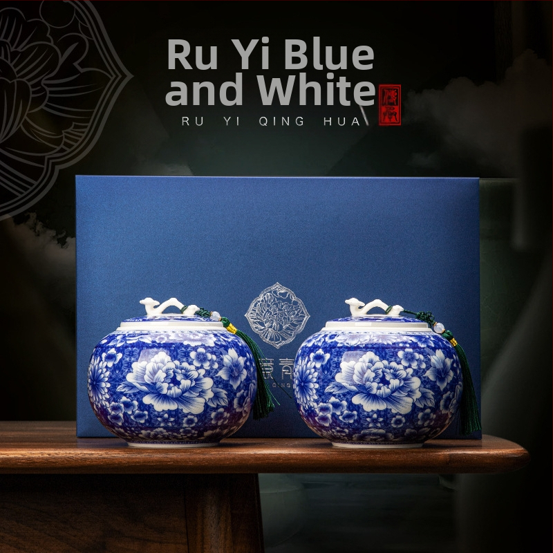 Керамични кутии за чай, китайски стил, винтидж буркани Ruyi в синьо и бяло, запечатани буркани за съхранение, нови двойни кутии, подаръчни кутии за подаръци