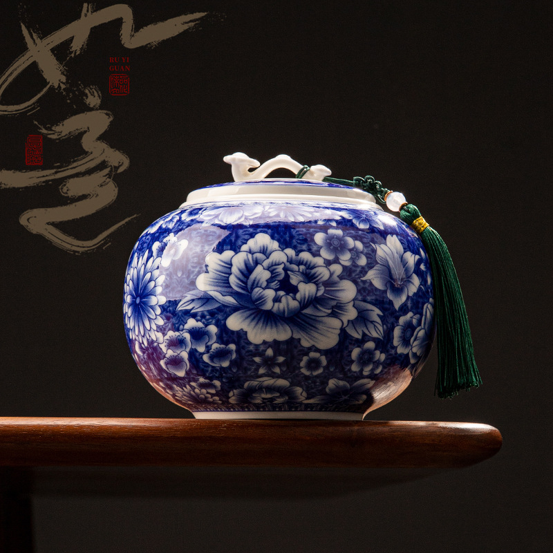 Kerámia teáskannák kínai stílusú Vintage Ruyi kék és fehér üvegek lezárt tárolóedények új dupla dobozos ajándékdobozok ajándékokhoz