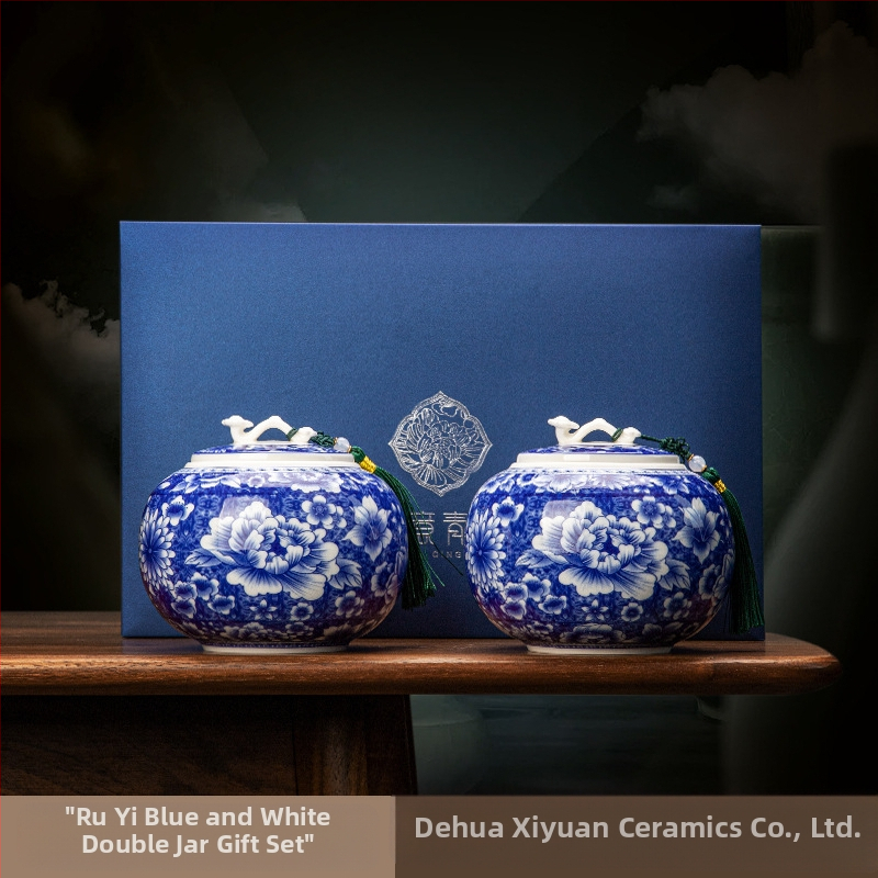 Kerámia teáskannák kínai stílusú Vintage Ruyi kék és fehér üvegek lezárt tárolóedények új dupla dobozos ajándékdobozok ajándékokhoz