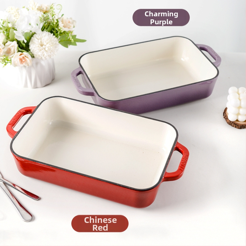 Малка чугунена емайлирана тенджера за щастие, бинаурална печен ориз, чиния за печене, фурна, печене, западна чиния, барбекю, печена риба, пържола, чиния за пържене