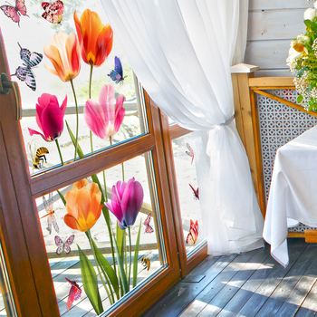 DJ7043-44 ποικιλία αυτοκόλλητων παραθύρων με λουλούδια, τουλίπα, πεταλούδα, λιβελούλα, διακοσμητικά αυτοκόλλητα από γυαλί, ηλεκτροστατικά αυτοκόλλητα, αφαιρούμενα