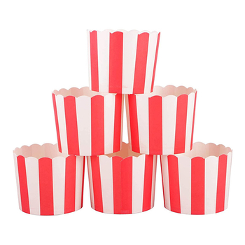 Vienkartiniai raudoni dryžuoti maži torto puodeliai gimtadienio vakarėliui, mini aliejui atsparūs popieriniai pirkėjams, kepimo pakuotės, „Mafen“ puodelis