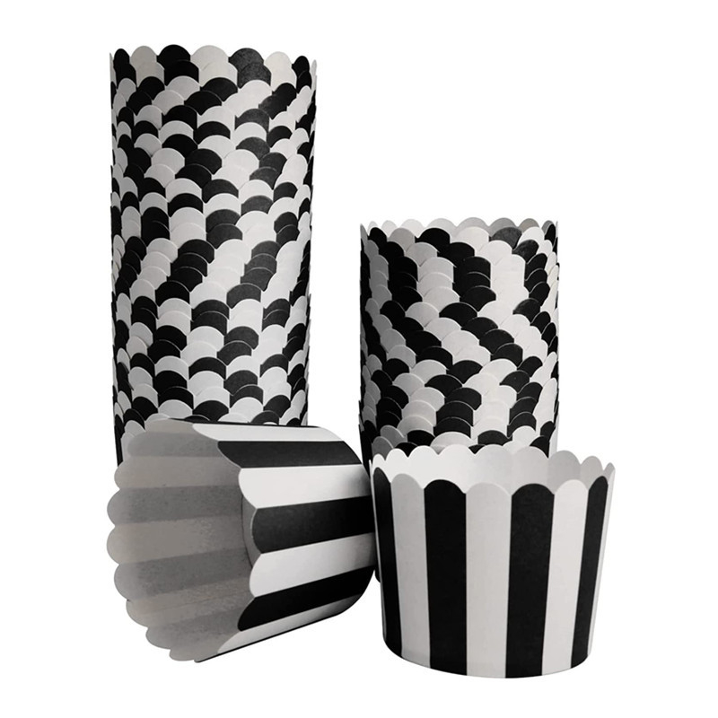 Vienkartiniai raudoni dryžuoti maži torto puodeliai gimtadienio vakarėliui, mini aliejui atsparūs popieriniai pirkėjams, kepimo pakuotės, „Mafen“ puodelis