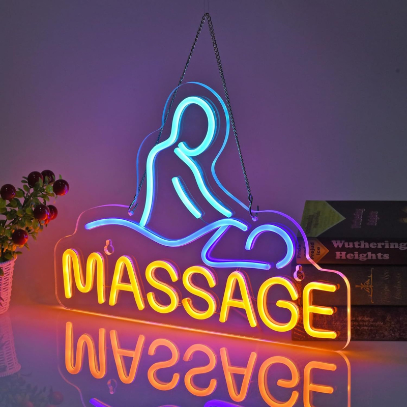 Neoninė šviesa, tarpvalstybinis masažas, arklys, vištiena, reklaminis stendas, švytinti šviesa, angliška raidė, iškaba