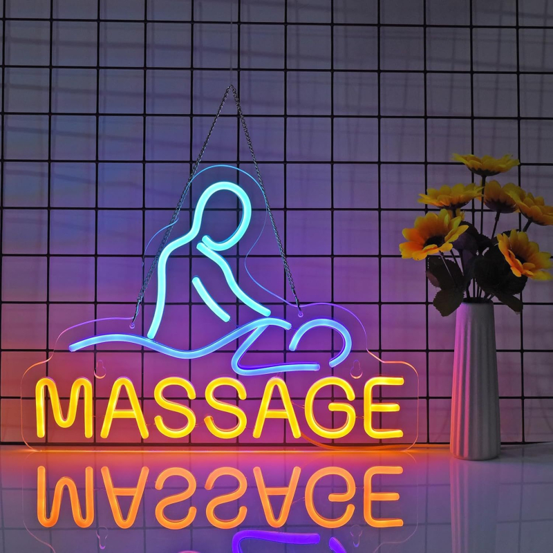 Neoninė šviesa, tarpvalstybinis masažas, arklys, vištiena, reklaminis stendas, švytinti šviesa, angliška raidė, iškaba