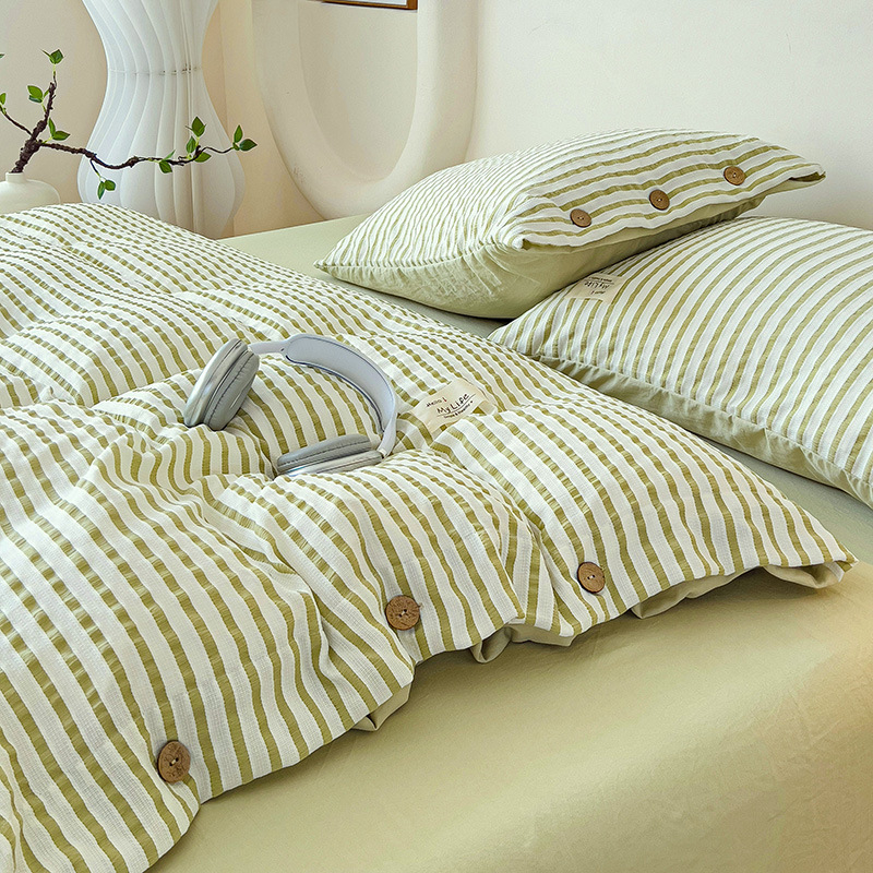 Japoniško stiliaus nemagintų sagų stiliaus skalbtos medvilnės keturių dalių lovos komplektas su dryžuotu lovatiesės užvalkalu, paklodė, studentų bendrabučio paprastas trijų dalių komplektas