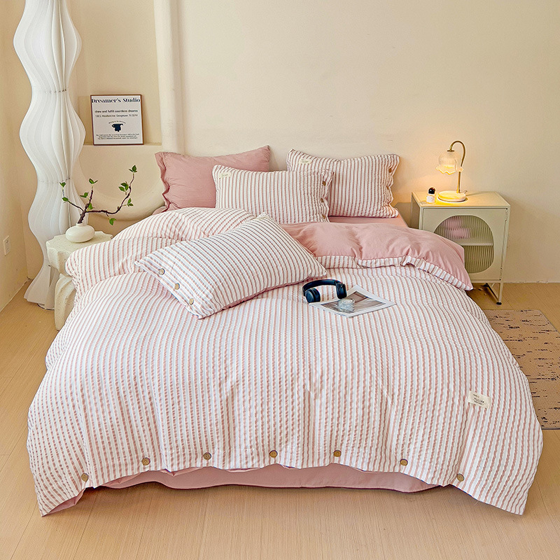 Japoniško stiliaus nemagintų sagų stiliaus skalbtos medvilnės keturių dalių lovos komplektas su dryžuotu lovatiesės užvalkalu, paklodė, studentų bendrabučio paprastas trijų dalių komplektas