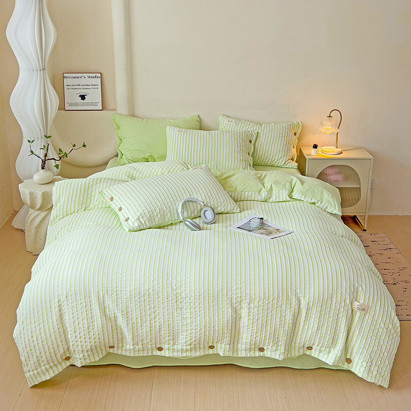 Japoniško stiliaus nemagintų sagų stiliaus skalbtos medvilnės keturių dalių lovos komplektas su dryžuotu lovatiesės užvalkalu, paklodė, studentų bendrabučio paprastas trijų dalių komplektas