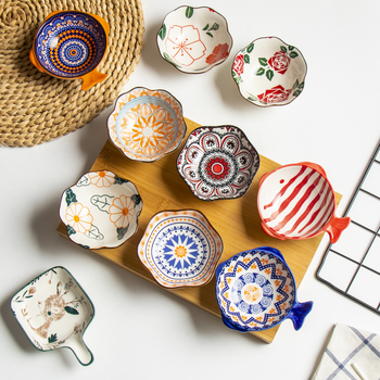 Japoniško bohemiško stiliaus etninio stiliaus rankomis dažyti po glazūra spalvoti užkandžių indai, kūrybiško rašto, interneto šventės padažo indas