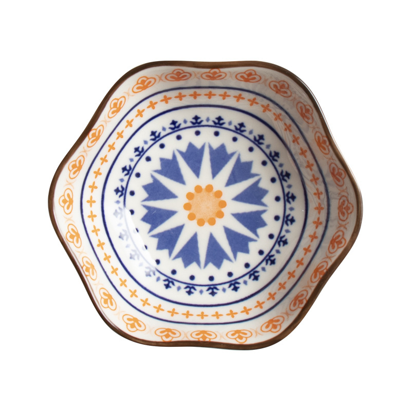 Japoniško bohemiško stiliaus etninio stiliaus rankomis dažyti po glazūra spalvoti užkandžių indai, kūrybiško rašto, interneto šventės padažo indas