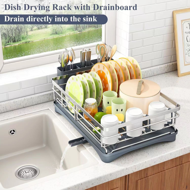 Virtuvės indų stovas, stalviršio stalo įrankiai, kriauklė, vakarienės lėkštės, lazdelių laikymo stovas, didelės talpos namų apyvokos reikmenų stovas, vieno sluoksnio kanalizacijos dubenėlių stovas