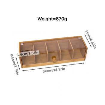 Piiriülene bambusest eraldatud klapiga teekarp, puidust pakkekarp, 5-sektsiooniga teekott läbipaistva akrüülplaadiga hoiustamiseks