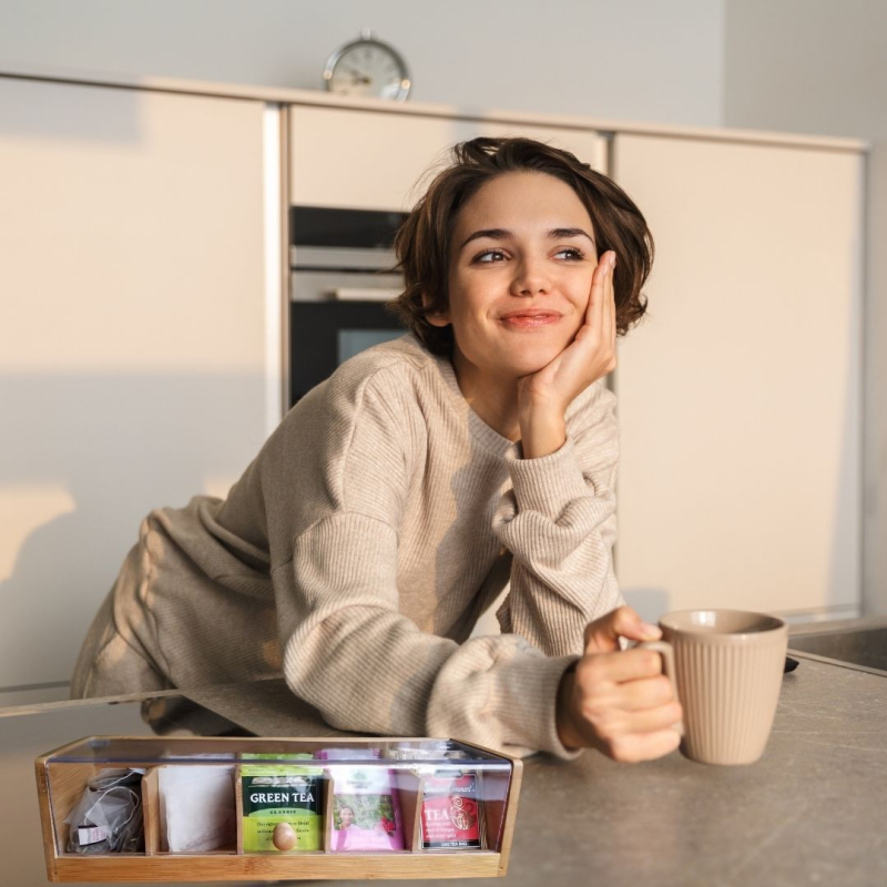 Piiriülene bambusest eraldatud klapiga teekarp, puidust pakkekarp, 5-sektsiooniga teekott läbipaistva akrüülplaadiga hoiustamiseks