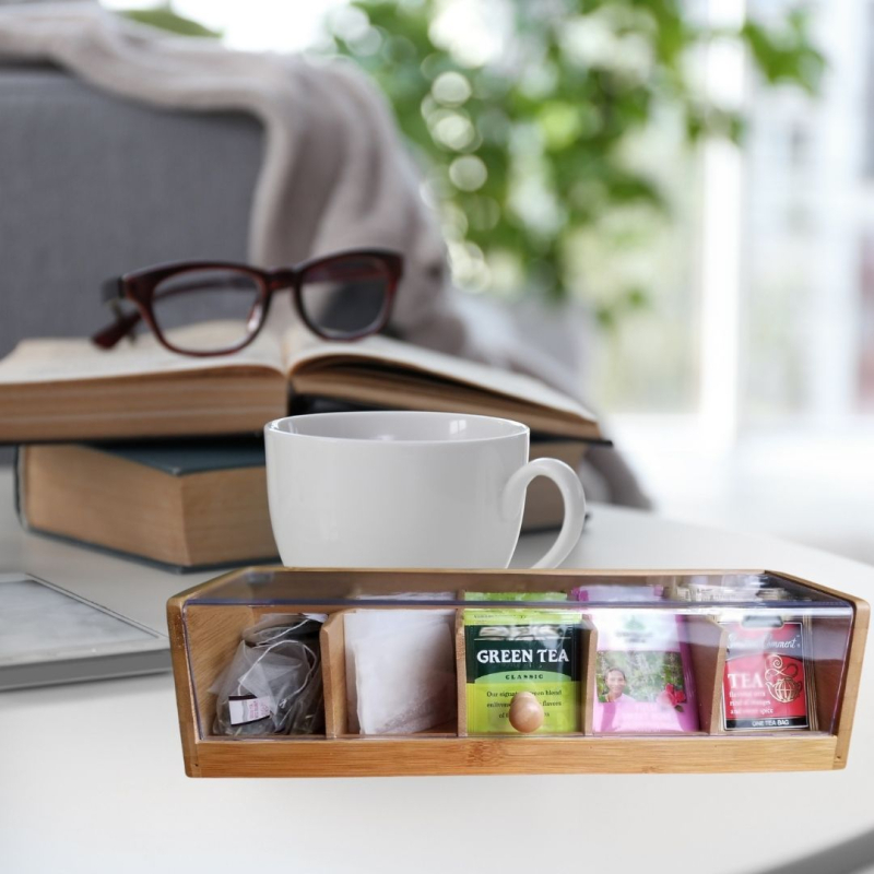 Piiriülene bambusest eraldatud klapiga teekarp, puidust pakkekarp, 5-sektsiooniga teekott läbipaistva akrüülplaadiga hoiustamiseks