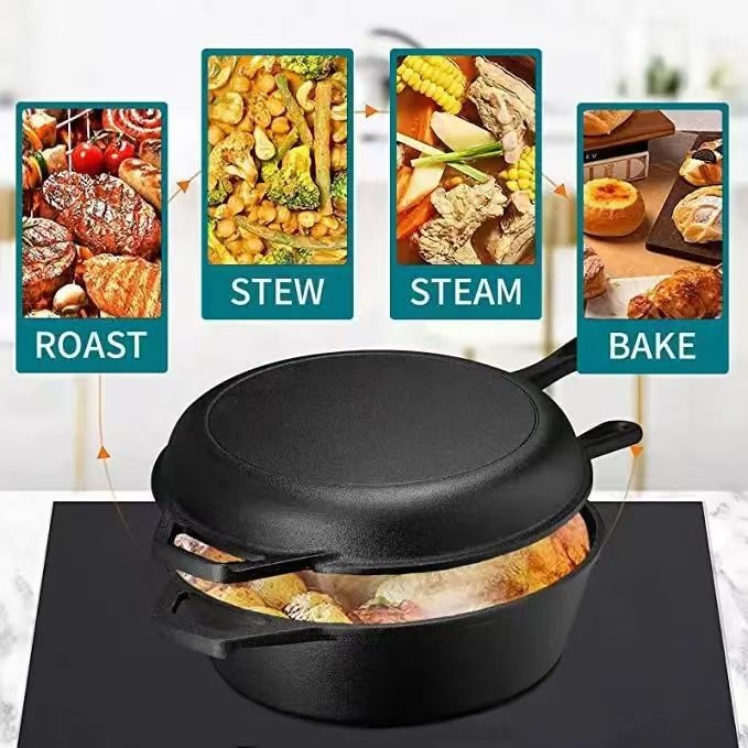 Oală din fontă, îngroșată, cu dublă utilizare, pentru tocană, în aer liber, pentru BBQ, tigaie, Euro-bag, oală elegantă din fier brut, oală pentru tocană, oală pentru supă, oală pentru prăjit