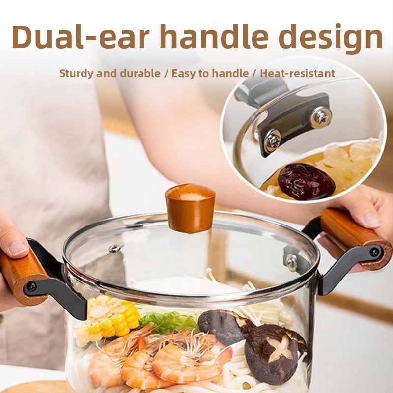 Тенджера от високо боросиликатно стъкло, тенджера с двойна дръжка, тенджера за супа с открит пламък, тенджера за яхния, тенджера за супа за домашна употреба, устойчива на висока температура, електрическа керамична печка, тенджера за готвене на пара, индукц