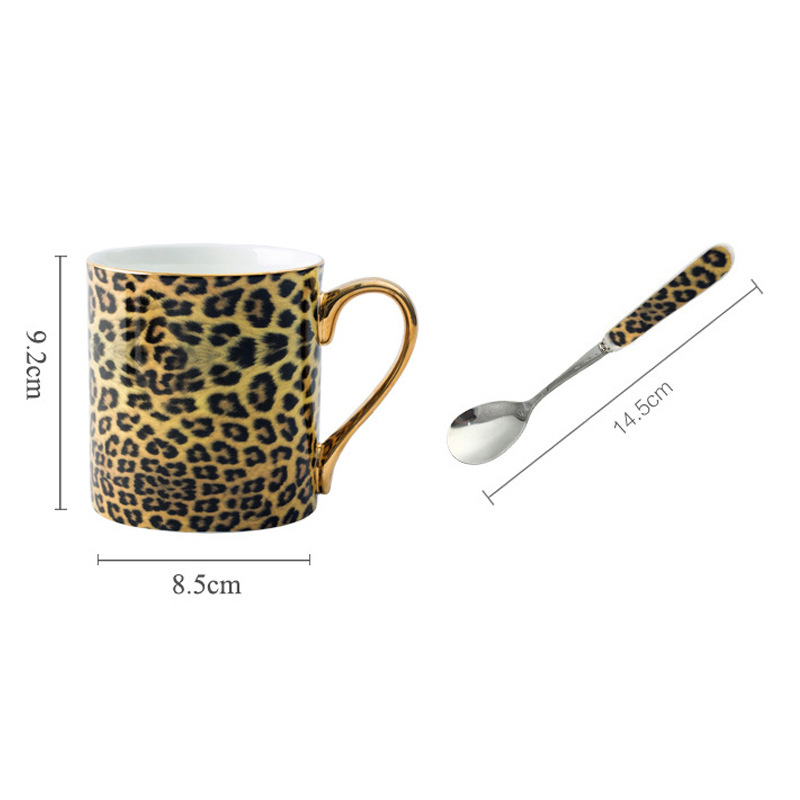Moderna kreativna šalica od koštanog porculana s leopard uzorkom i žlicom s leopard uzorkom, personalizirana zlatna šalica, šalica za kavu, šalica za mlijeko, rođendanski poklon