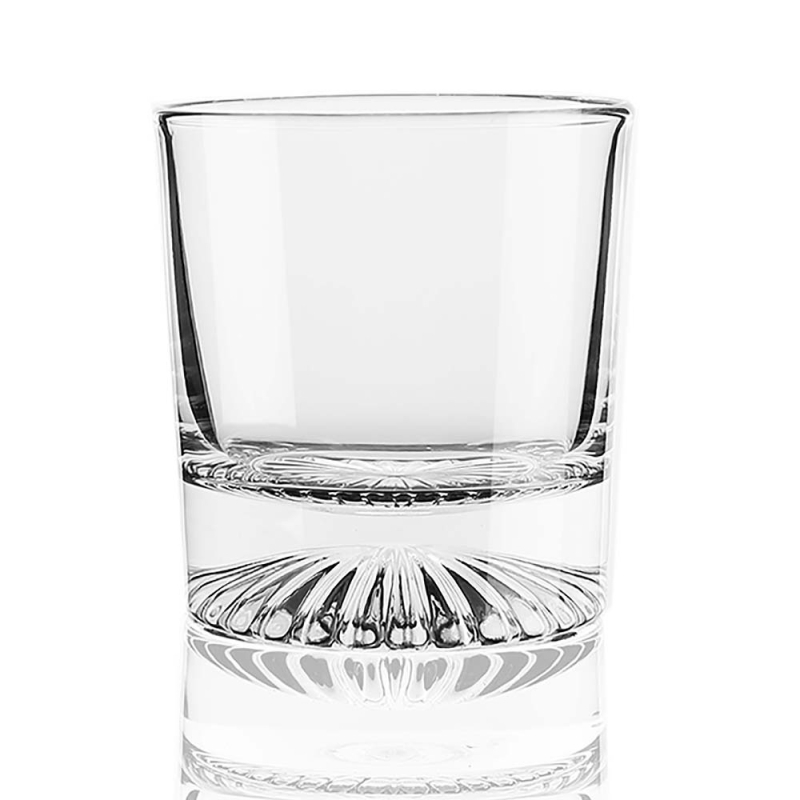 Radoša bieza dibena viskija glāze ar dzīvnieku dibena rakstu, caurspīdīga, viegla viskija glāze