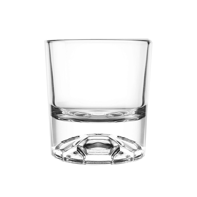 Radoša bieza dibena viskija glāze ar dzīvnieku dibena rakstu, caurspīdīga, viegla viskija glāze