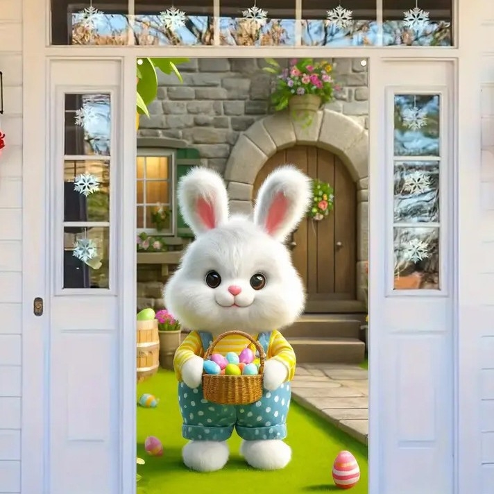 Трансгранична нова великденска капачка за врата, празнично парти, оформление, външна фото декорация, ширина на вратата, заек, вертикален банер, завеса за врата