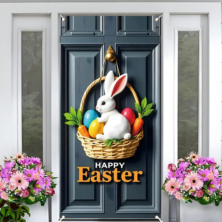 Трансгранична нова великденска капачка за врата, празнично парти, оформление, външна фото декорация, ширина на вратата, заек, вертикален банер, завеса за врата
