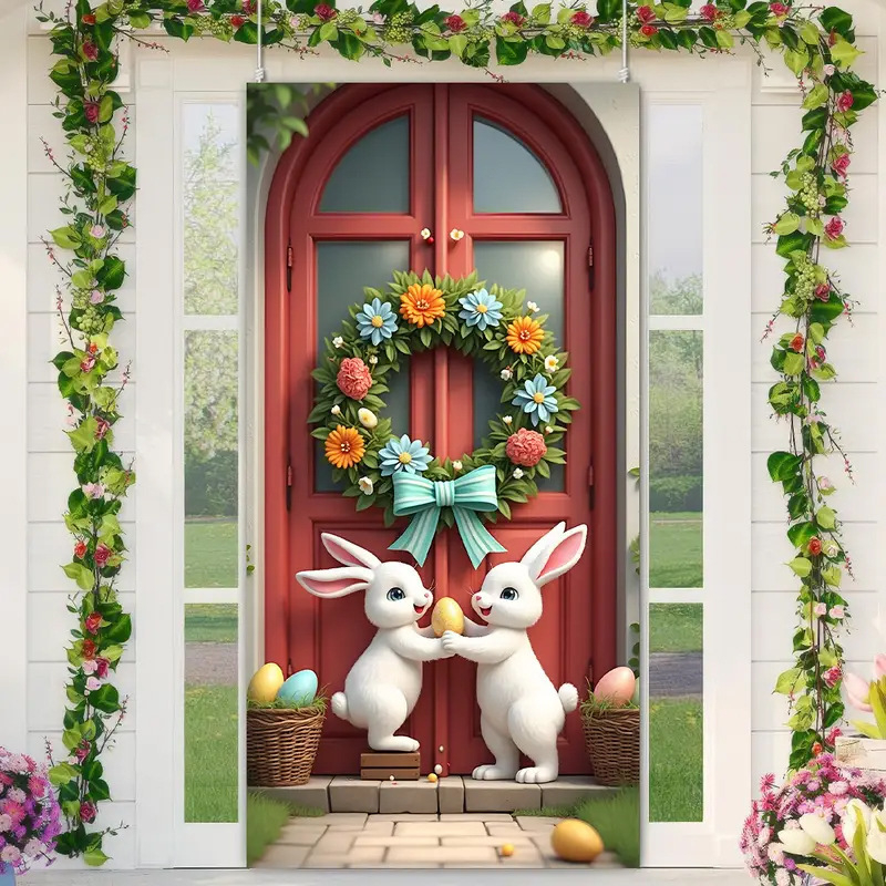 Трансгранична нова великденска капачка за врата, празнично парти, оформление, външна фото декорация, ширина на вратата, заек, вертикален банер, завеса за врата