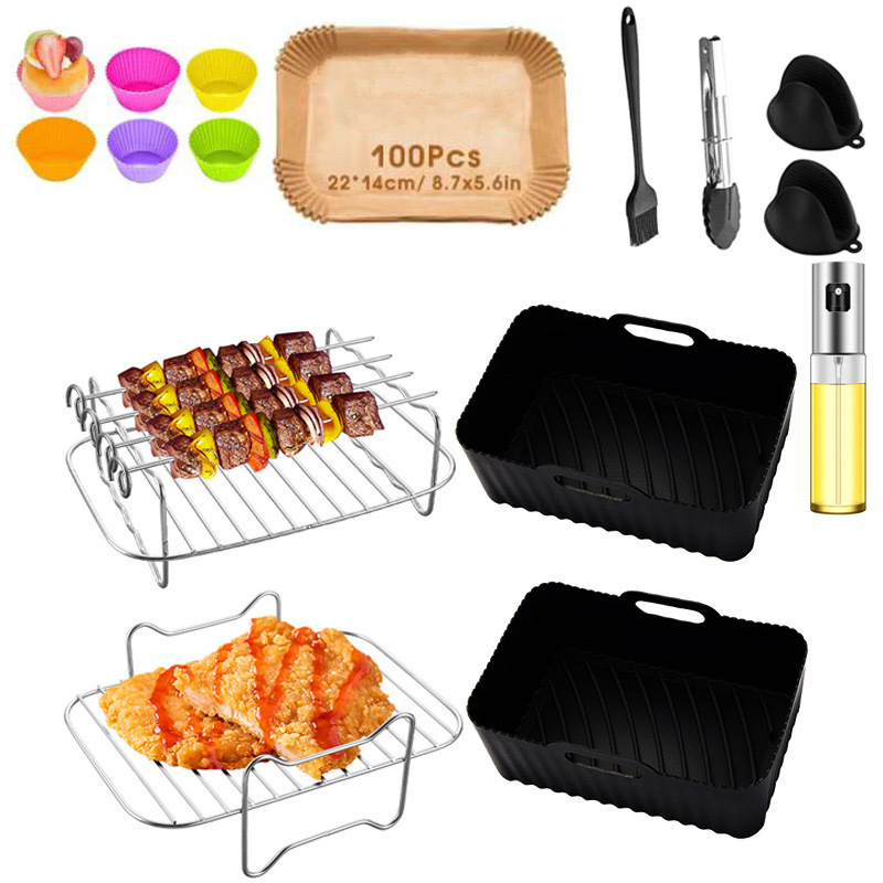 Piiriülene kuummüük 201 roostevabast terasest õhufritüüri grill majapidamises kasutatava topeltpoti lisatarvikud 4-tihvtilise ristkülikukujulise grilliga