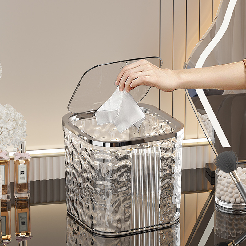 Viegla, grezna, ar ūdeni viļņotu pārklāta, ledāja rakstu pārklāta, galda atkritumu tvertne, slinka viesistaba, galda spiedpogas tipa, atlecoša vāka atkritumu tvertne, nav