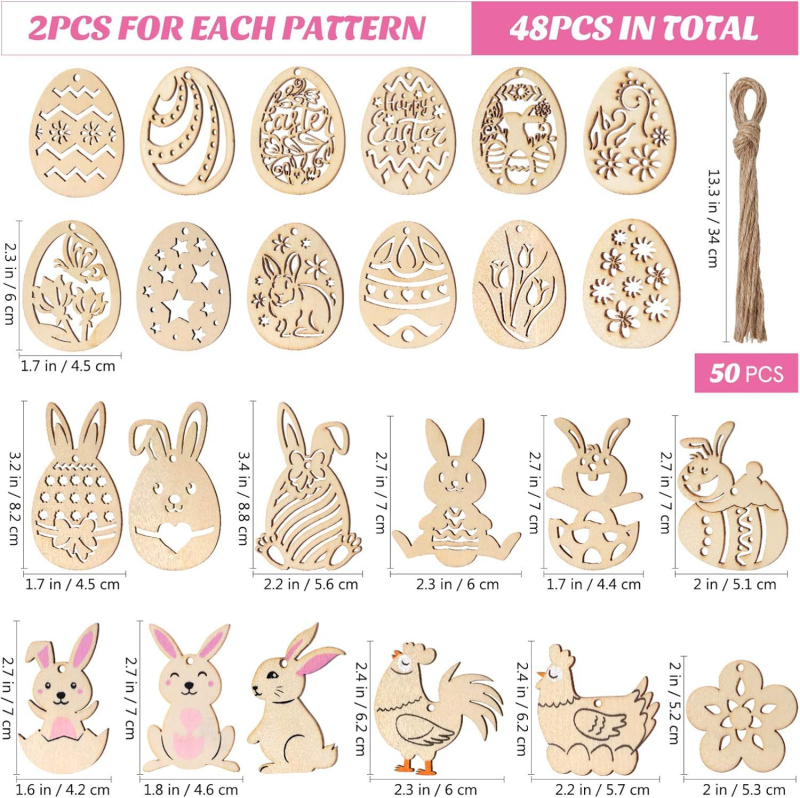 Великденски дървени висящи орнаменти, недовършени дървени нарязани яйца, детски занаяти, „Направи си сам“ дървени висящи декорации за парти