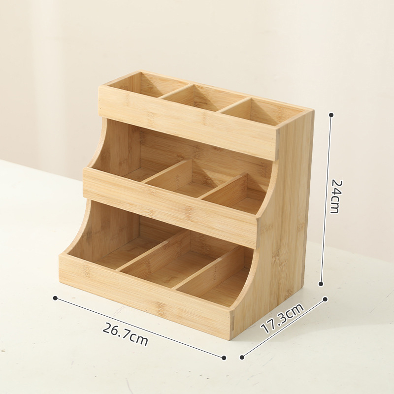 Stalak za pohranu šalica čaja s tri sloja, kućanski stolni stalak od bambusa, višeslojni stalak za pohranu, vertikalna kutija za pohranu, stalak za čaj