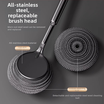 Nerūsējošā tērauda katlu birste virtuves speciālajai trauku mazgāšanas birstei no tērauda stiepļu lodīšu birste ar garu rokturi trauku mazgāšanas tīrīšanas birste birste birste poda artefakts nenomet zīdu