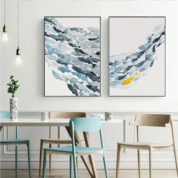 Риба Пътуване, за да печелите пари Тройна безрамкова сърцевина Северен стил Хол Диван Фон Висяща картина Ниша Светлина Луксозна Разширена Декоративна Живопис