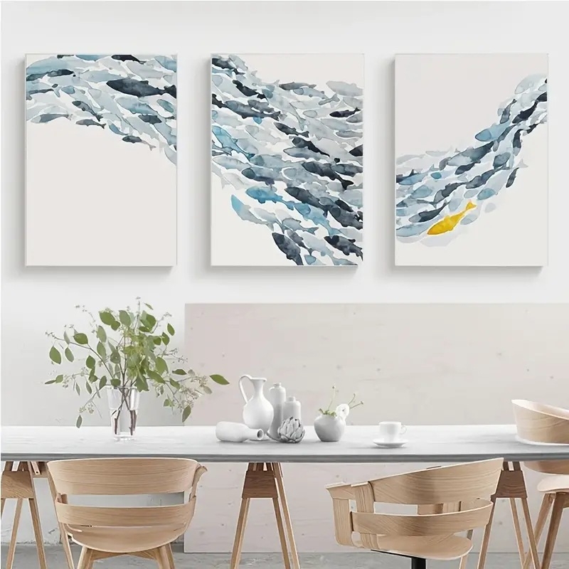 Риба Пътуване, за да печелите пари Тройна безрамкова сърцевина Северен стил Хол Диван Фон Висяща картина Ниша Светлина Луксозна Разширена Декоративна Живопис