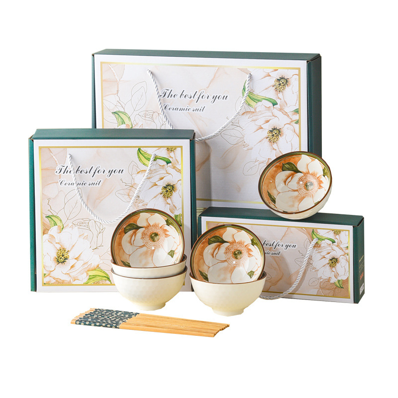 Kinkekausside komplekt Camellia keraamiliste lauanõude komplekt kauss kinkekarbi komplekt müügiks avamiskingitus kaasnev kinkekauss söögipulkade komplekt kauss