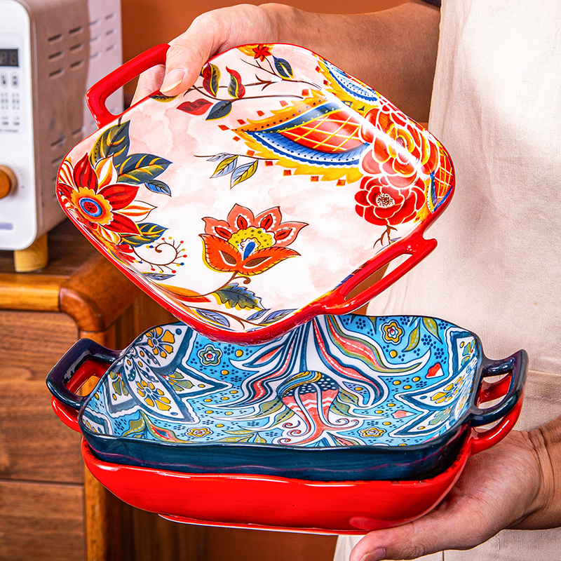 Bohemiška binauralinė kvadratinė keraminė lėkštė, kūrybingas buitinis indų tinklas, garsenybių vaisių Psta lėkštė, orkaitė, mikrobangų krosnelė