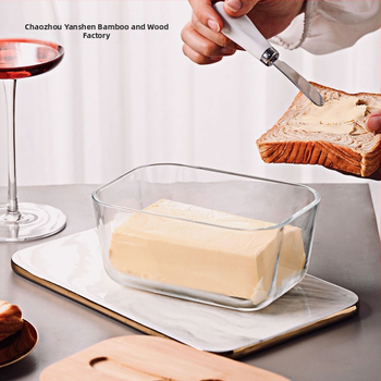 Läbipaistev klaasist võikarp bambusest kaane ja noaga keraamiline võipurk võikarp värske juustuga külmik lihtne