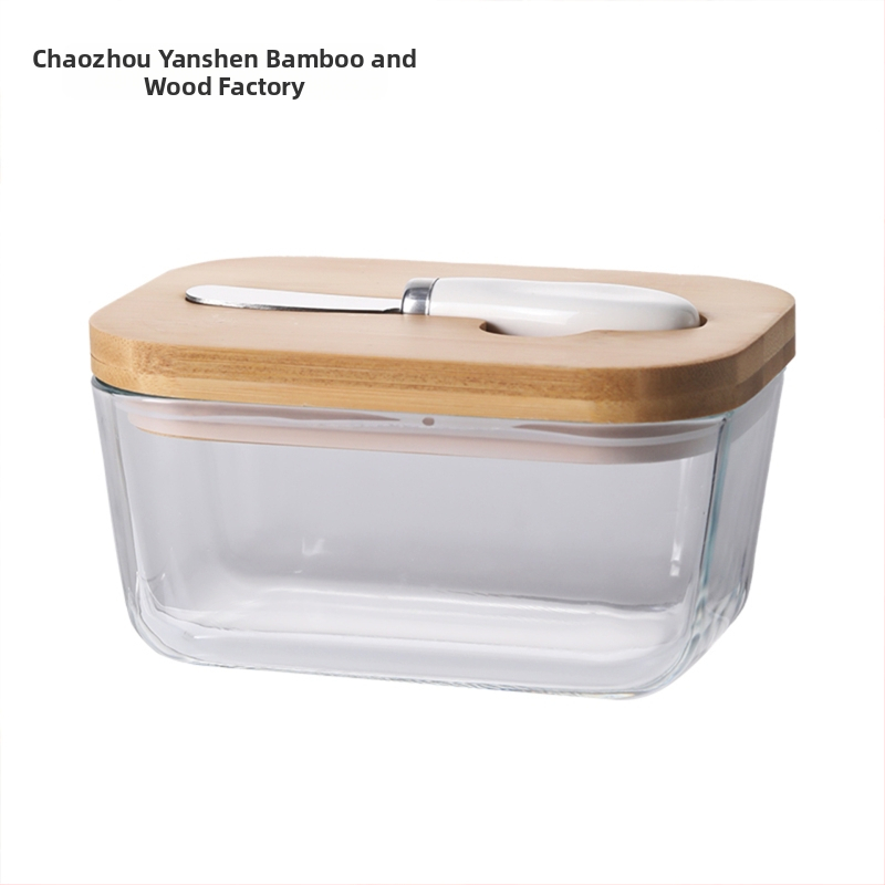 Прозрачна стъклена кутия за масло с бамбуков капак и нож, керамичен буркан за масло, кутия за масло, хладилник с прясно сирене