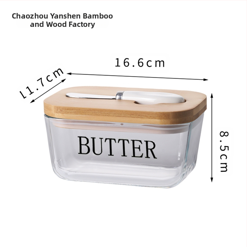 Läbipaistev klaasist võikarp bambusest kaane ja noaga keraamiline võipurk võikarp värske juustuga külmik lihtne