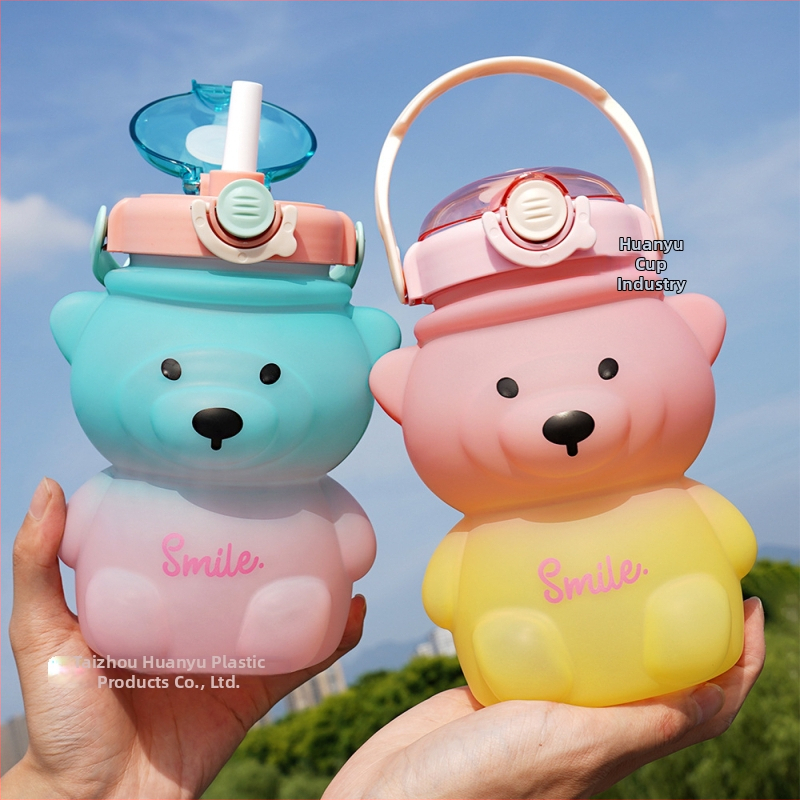 Детска висококачествена чаша за мече, сладка студентска чаша 1L, чаша за пиене с каишка, голяма вместимост, градиентна пластмасова чаша за вода
